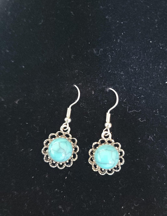 Aretes flor turquesa plateada